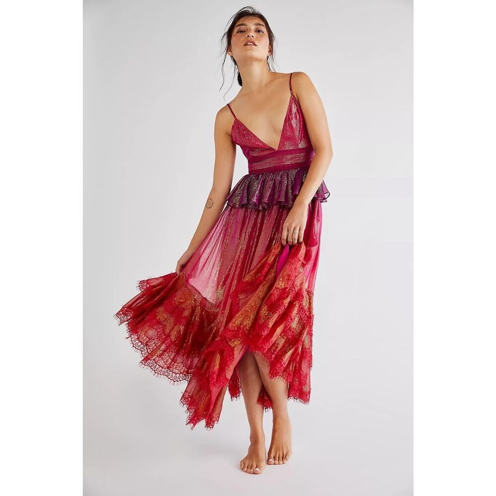 Rococo Sand Shimmery Red Metallic V-Neck Tiered Maxi Dress - Picture 3 of 8